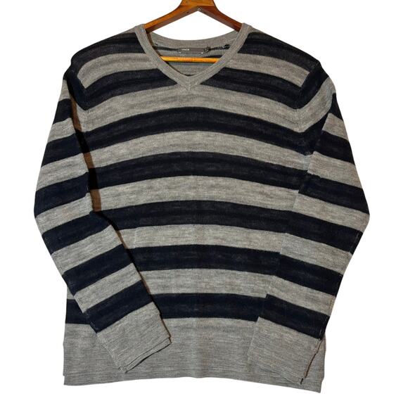 Vince Mens Navy Blue Gray Striped CAMEL HAIR & WOOL SWEATER Size Large FLAW - Picture 1 of 10